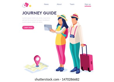 Journey Guide. Person with Luggage. Tourist Collection. Photographing Set, Sight, Art Visiting. Tourism for Young. Travel Clip, Traveling. Cartoon Flat Vector Illustration Hero Images Isometric Banner