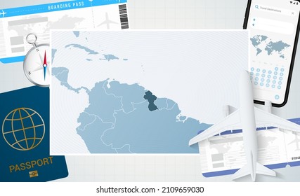 Journey to Guyana, illustration with a map of Guyana. Background with airplane, cell phone, passport, compass and tickets. Vector mockup.