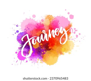 Journey - handwritten modern calligraphy lettering. Abstract background from watercolor splashes. Pink and purple colored.