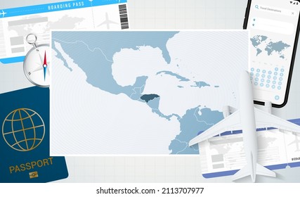 Journey to Honduras, illustration with a map of Honduras. Background with airplane, cell phone, passport, compass and tickets. Vector mockup.