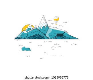 Journey in a hot air balloon. Flying through the mountains. Illustration landscape of high quality in a style of flat design. 