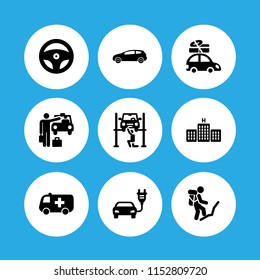 journey icon. 9 journey set with car, taxi, car with luggage on the roof rack and backpack vector icons for web and mobile app
