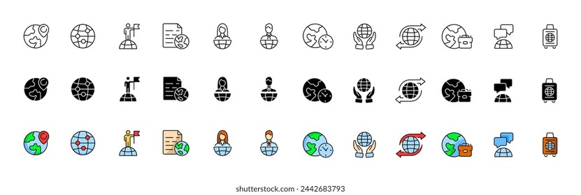 Colección de iconos de viaje. Iconos de la Tierra. Lineal, silueta y estilo plano. Iconos vectoriales