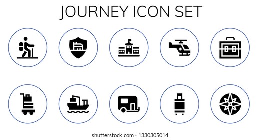 journey icon set. 10 filled journey icons.  Simple modern icons about  - Hiking, Baggage, Roma, Cargo ship, Berlin, Caravan, Helicopter, Suitcase, Compass