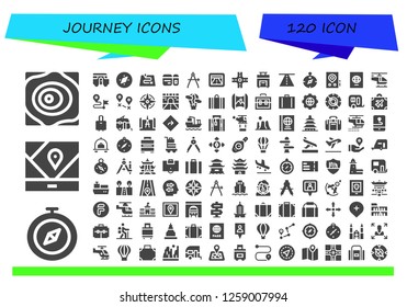  journey icon set. 120 filled journey icons. Simple modern icons about  - Maps, Compass, Gps, Caravan, Route, Plane ticket, Crossroad, Suitcase, Road, Passport, Helicopter, Direction