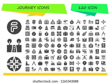  journey icon set. 120 filled journey icons. Simple modern icons about  - Flipdrive, Compass, Street, Becquer, Direction, Suitcase, Location pin, Luggage, Take off, Hot air balloon