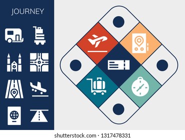 journey icon set. 13 filled journey icons.  Collection Of - Plane ticket, Passport, Road, Arrival, Chartres cathedral, Crossroad, Caravan, Baggage, Gps, Take off, Luggage, Compass