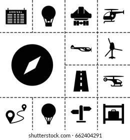 Journey icon. set of 13 filled journey icons such as helicopter, arrival table, luggage storage, distance, cargo plane back view, road, medical helicopter, direction