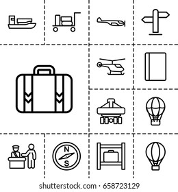 Journey icon. set of 13 outline journeyicons such as luggage, pass control, passport, helicopter, luggage storage, cargo plane back view, direction, air balloon, ship