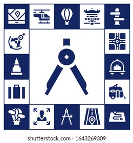 journey icon set. 17 filled journey icons.  Simple modern icons such as: Gps, Compass, Temple, Suitcase, Crossroad, Luggage, Caravan, Hot air balloon, Helicopter, Decision making