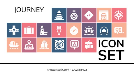 journey icon set. 19 filled journey icons. Included Pagoda, Crossroad, Cargo ship, Location pin, Maps, Caravan, Suitcase, Split point, Hot air balloon, Compass, Luggage icons