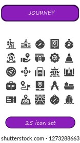  journey icon set. 25 filled journey icons. Simple modern icons about  - Hiking, Berlin, Compass, Gps, Becquer, Location pin, Caravan, Options, Temple, Destination, Sport bag
