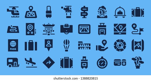 journey icon set. 32 filled journey icons. on blue background style Simple modern icons about  - Helicopter, Route, Passport, Caravan, Location pin, Gps, Suitcase, Arrival, Pagoda