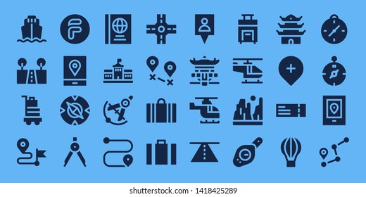 journey icon set. 32 filled journey icons. on blue background style Simple modern icons about  - Cargo ship, Street, Baggage, Direction, Flipdrive, Gps, Compass, Passports, Berlin