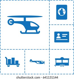 Journey icon. set of 6 journey filled icons such as passport, helicopter, trailer