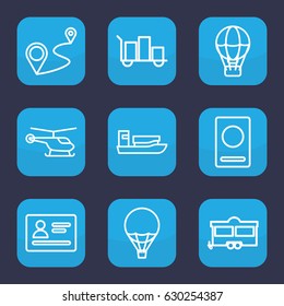 Journey icon. set of 9 outline journey icons such as passport, helicopter, trailer, distance, air balloon, ship