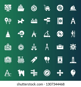 journey icon set. Collection of 36 filled journey icons included Balloon, Direction, Compass, Street, Camel, Quezon memorial circle, Gps, Railroad, Baggage, Windrose, Gym bag