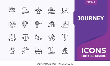 Journey icon set. Contains related to activity, travel, life, quest, mountains, canoeing, backpack, globe. Minimalistic icon. Editable vector stroke.