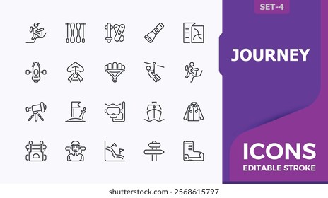 Journey icon set. Contains related to activity, travel, life, quest, mountains, canoeing, backpack, globe. Minimalistic icon. Editable vector stroke.