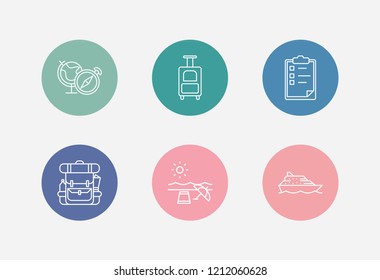 Journey icon set and globe compass with luggage suitcase, ship cruise and travel backpack. Rucksack related journey icon vector for web UI logo design.