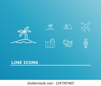 Journey icon set and globe compass with camping, island, air plane. Tent related journey icon vector for web UI logo design.