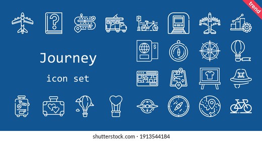 journey icon set. line icon style. journey related icons such as pirate, suitcase, bicycle, trailer, hot air balloon, passport, compass, underground, road, airplane, street map, progress, travel
