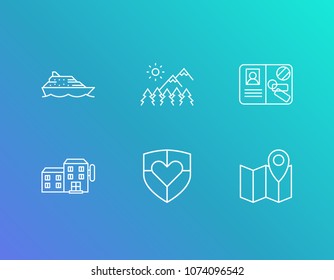 Journey icon set and travel insurance with ship cruise, hotel and outdoor. International identification related journey icon vector for web UI logo design.