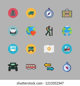 journey icon set. vector set about hiker, suv, bus and road icons set.