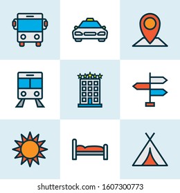 Journey icons colored line set with taxi, train, tent and other autobus elements. Isolated vector illustration journey icons.