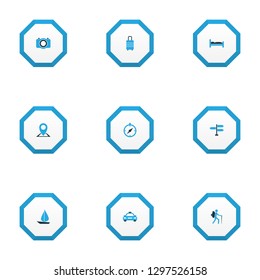 Journey icons colored set with cab, direction, camera and other map pin elements. Isolated vector illustration journey icons.