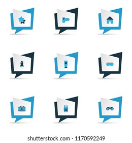 Journey icons colored set with camcorder, house, suitcase and other zoom elements. Isolated vector illustration journey icons.