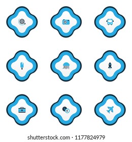 Journey icons colored set with exchange money, bus, jellyfish and other shuttle elements. Isolated vector illustration journey icons.