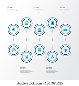 Journey icons colored set with five star building, autobus, planet and other sun elements. Isolated vector illustration journey icons.