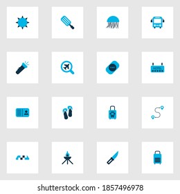 Journey icons colored set with flashlight, ticket, suitcase and other popsicle elements. Isolated vector illustration journey icons.