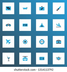 Journey icons colored set with flask, airplane in the sky, airplane ticket and other tub elements. Isolated vector illustration journey icons.