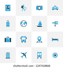 Journey icons colored set with identification document, direction, aircraft and other bed elements. Isolated vector illustration journey icons.