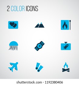 Journey icons colored set with jellyfish, the mountains, matches and other matchbox elements. Isolated vector illustration journey icons.