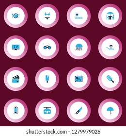 Journey icons colored set with oxygen cylinder, binoculars, ice cream and other umbrella elements. Isolated vector illustration journey icons.