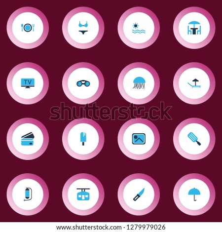 Journey icons colored set with oxygen cylinder, binoculars, ice cream and other umbrella elements. Isolated vector illustration journey icons.