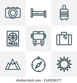 Journey icons line style set with bus, compass, suitcase and other luggage elements. Isolated vector illustration journey icons.