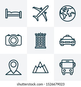 Journey icons line style set with bed, bus, planet and other earth 
elements. Isolated vector illustration journey icons.