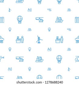 journey icons pattern seamless white background. Included editable outline helicopter, air balloon, pass control, ship, cargo plane back view icons. journey icons for web and mobile.