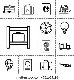 Journey icons. set of 13 editable outline journey icons such as passport, helicopter, luggage storage, luggage, ship, air balloon, compass