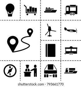 Journey icons. set of 13 editable filled journey icons such as passport, air balloon, trailer, distance, helicopter, pass control, ship, luggage, compass