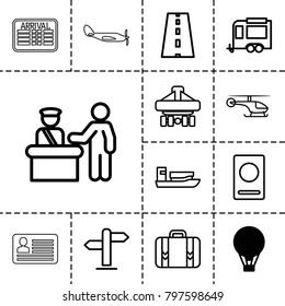 Journey icons. set of 13 editable outline journey icons such as air balloon, pass control, passport, ship, trailer, cargo plane back view, road, luggage, direction, helicopter