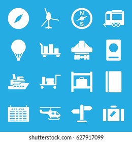 Journey icons set. set of 16 journey filled icons such as luggage, passport, arrival table, luggage storage, trailer, cargo plane back view, direction, air balloon, helicopter