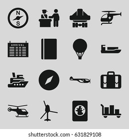 Journey icons set. set of 16 journey filled icons such as pass control, passport, helicopter, arrival table, cargo plane back view, luggage, medical helicopter, air balloon