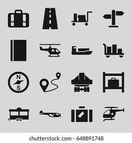 Journey icons set. set of 16 journey filled icons such as luggage, passport, helicopter, luggage storage, trailer, distance, cargo plane back view, road, medical helicopter