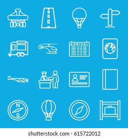 Journey icons set. set of 16 journey outline icons such as pass control, passport, helicopter, arrival table, luggage storage, trailer, cargo plane back view, road, direction