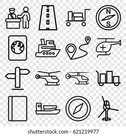 Journey icons set. set of 16 journey outline icons such as luggage, pass control, passport, helicopter, distance, road, medical helicopter, direction, ship